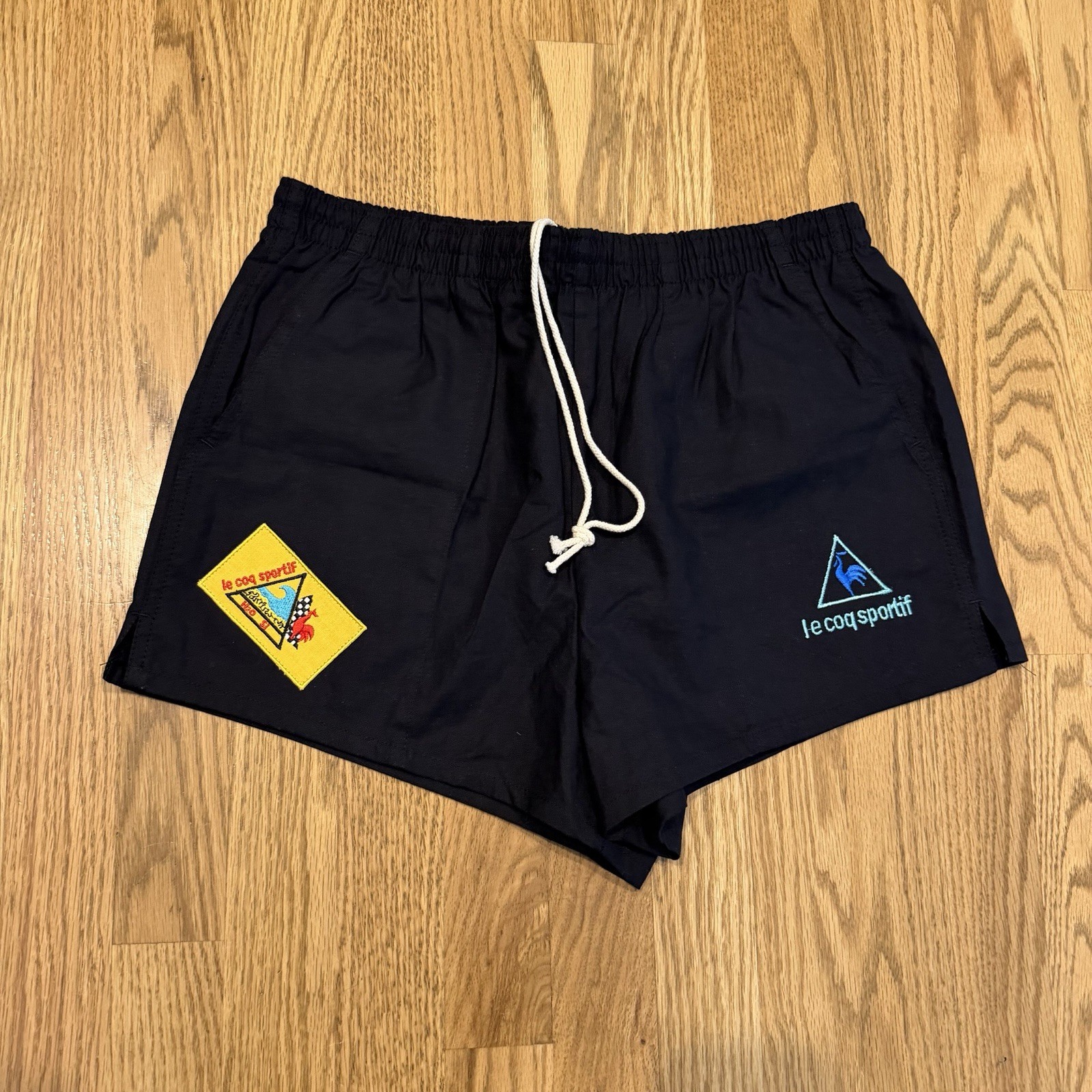 Vintage Le Coq Sportif Cotton Lined Swim Shorts Men’s Medium Black Patches Vtg