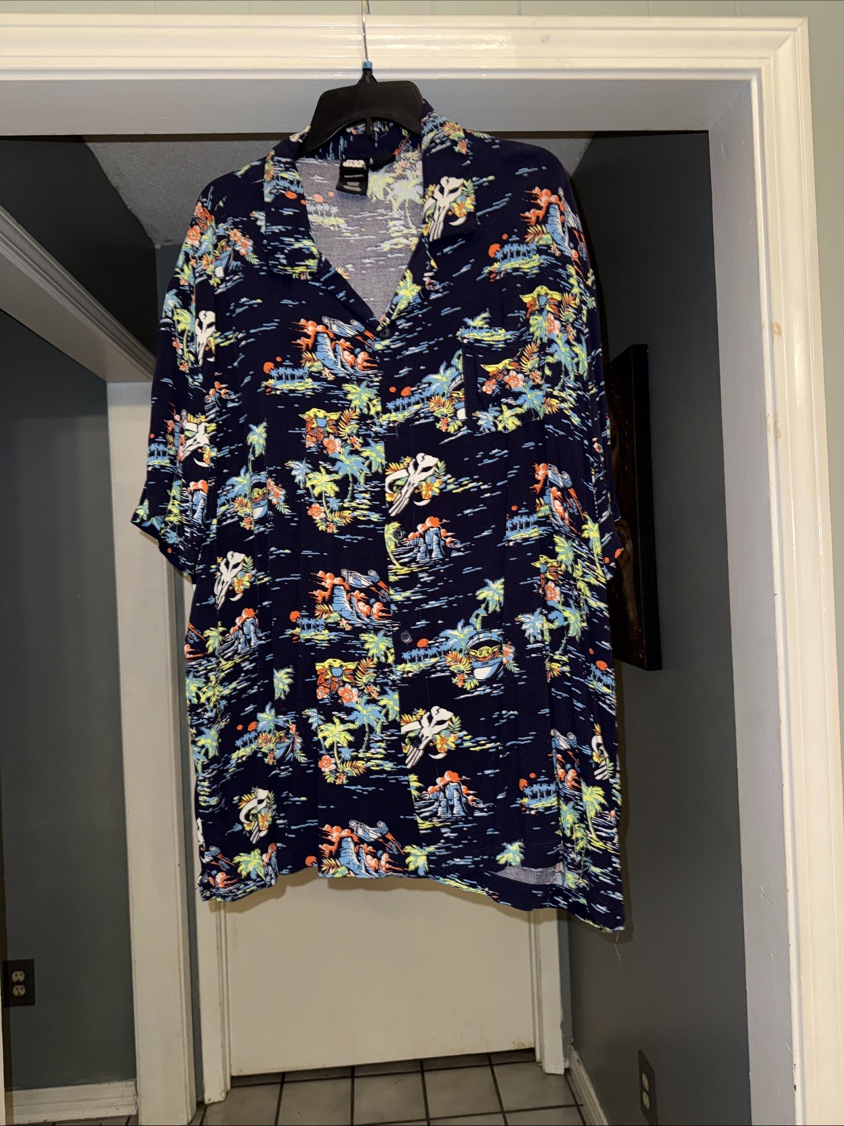 Star Wars Tropical Baby Yoda Grogu Rayon Navy Hawaiian Button Down Shirt 3XL