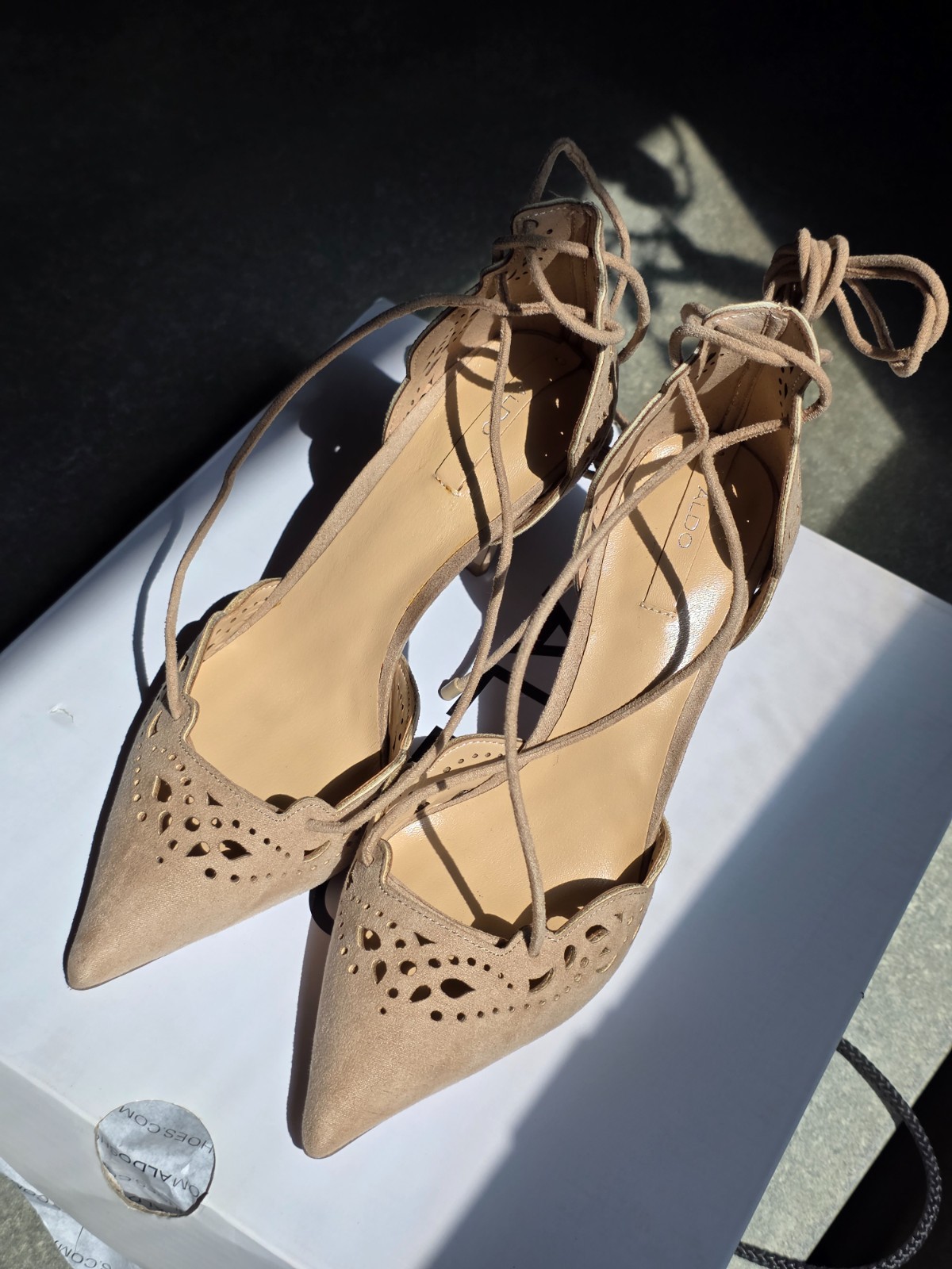 ALDO Antoinette Size 6 Nude Beige Suede Lace Up Stiletto Heels Pumps Never Worn