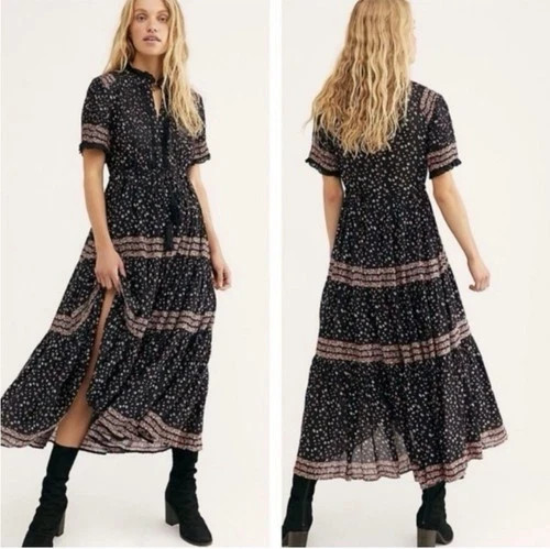 Free People-Rare Feeling Dress-L-Witchy Boho Cottagecore Floral Black OB907121