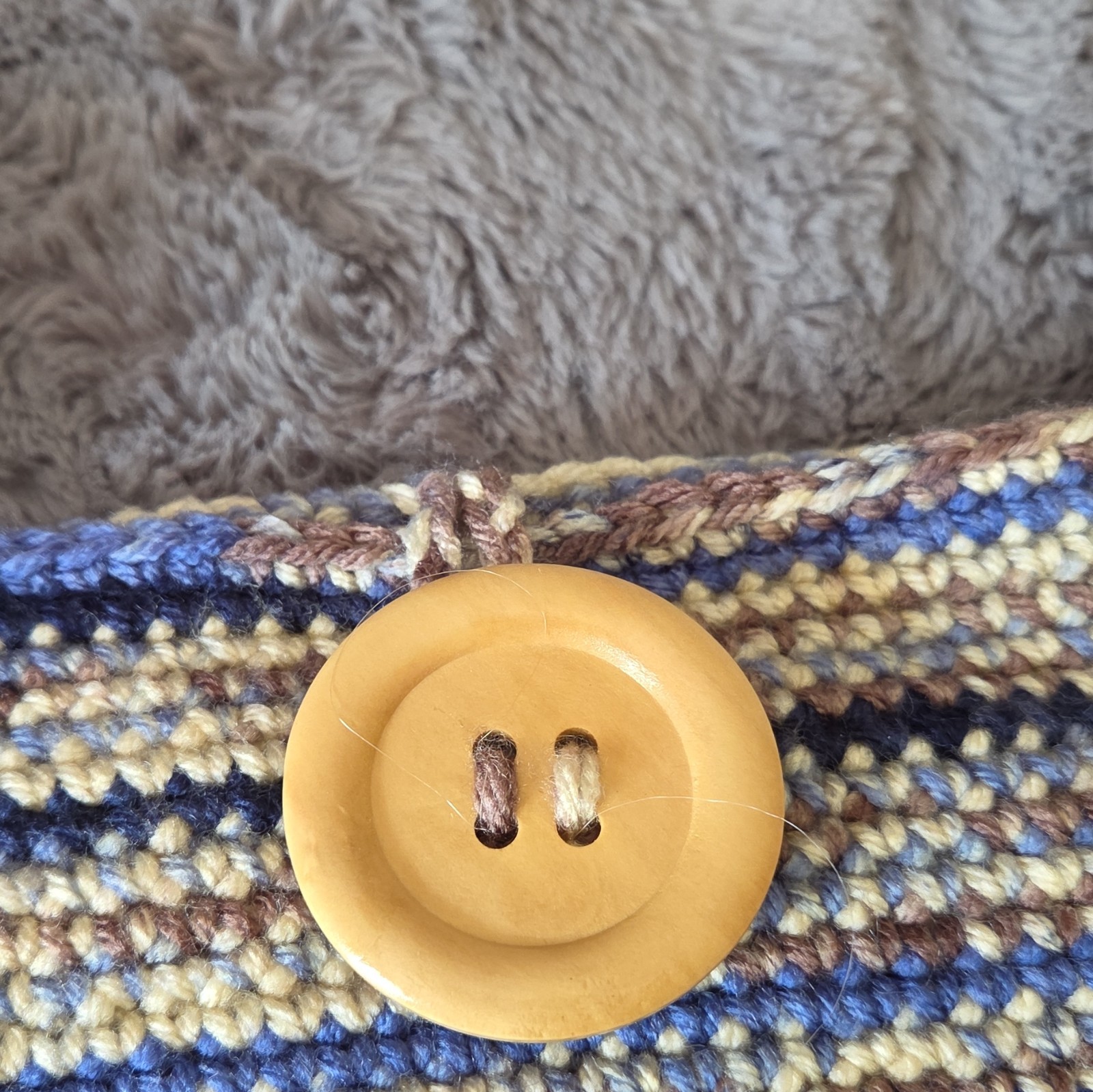 Womens Handmade Striped Shoulder Bag Blue Beige Button Closure Button Accent