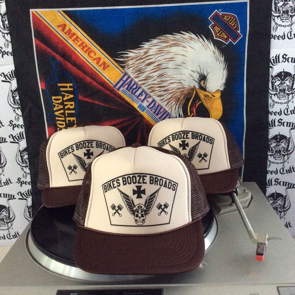BIKES BOOZE BROADS biker chopper party run trucker hat ed roth rat fink