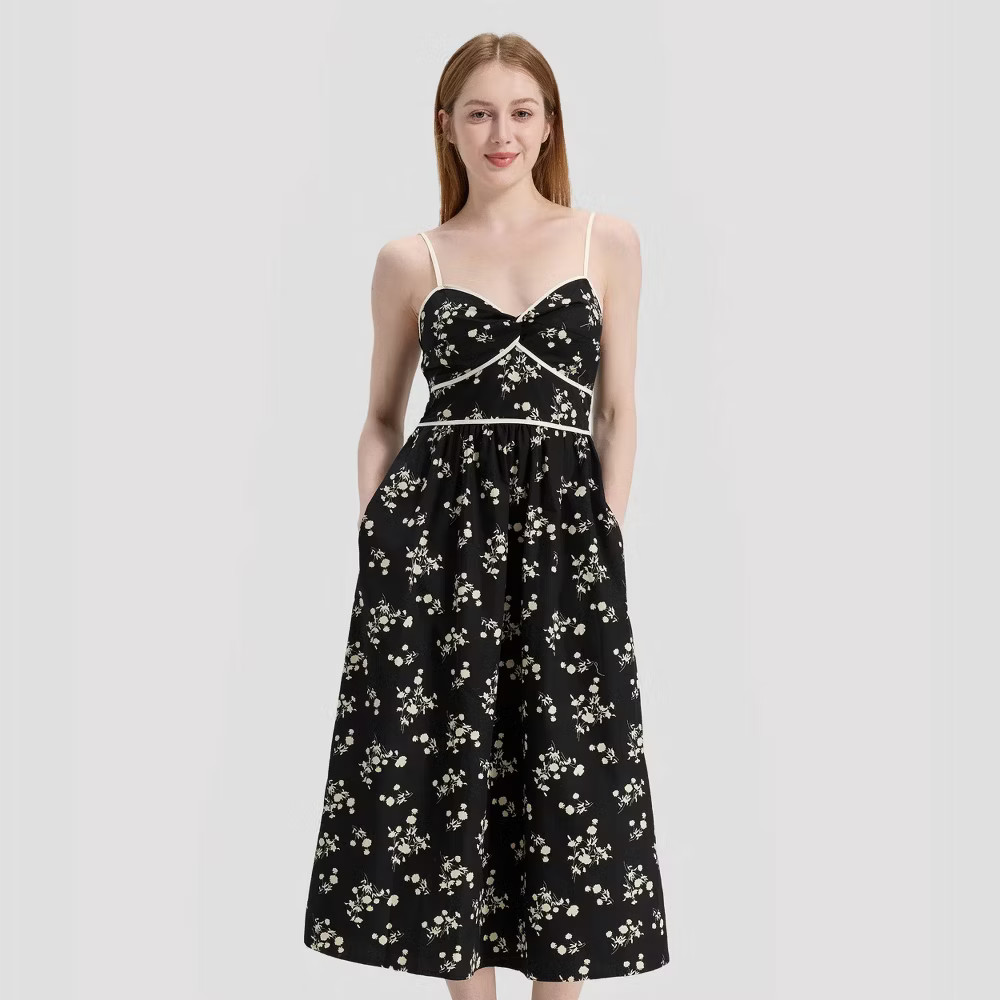 Women Twist-Front Midi A-Line Dress – A New Day Black Floral M