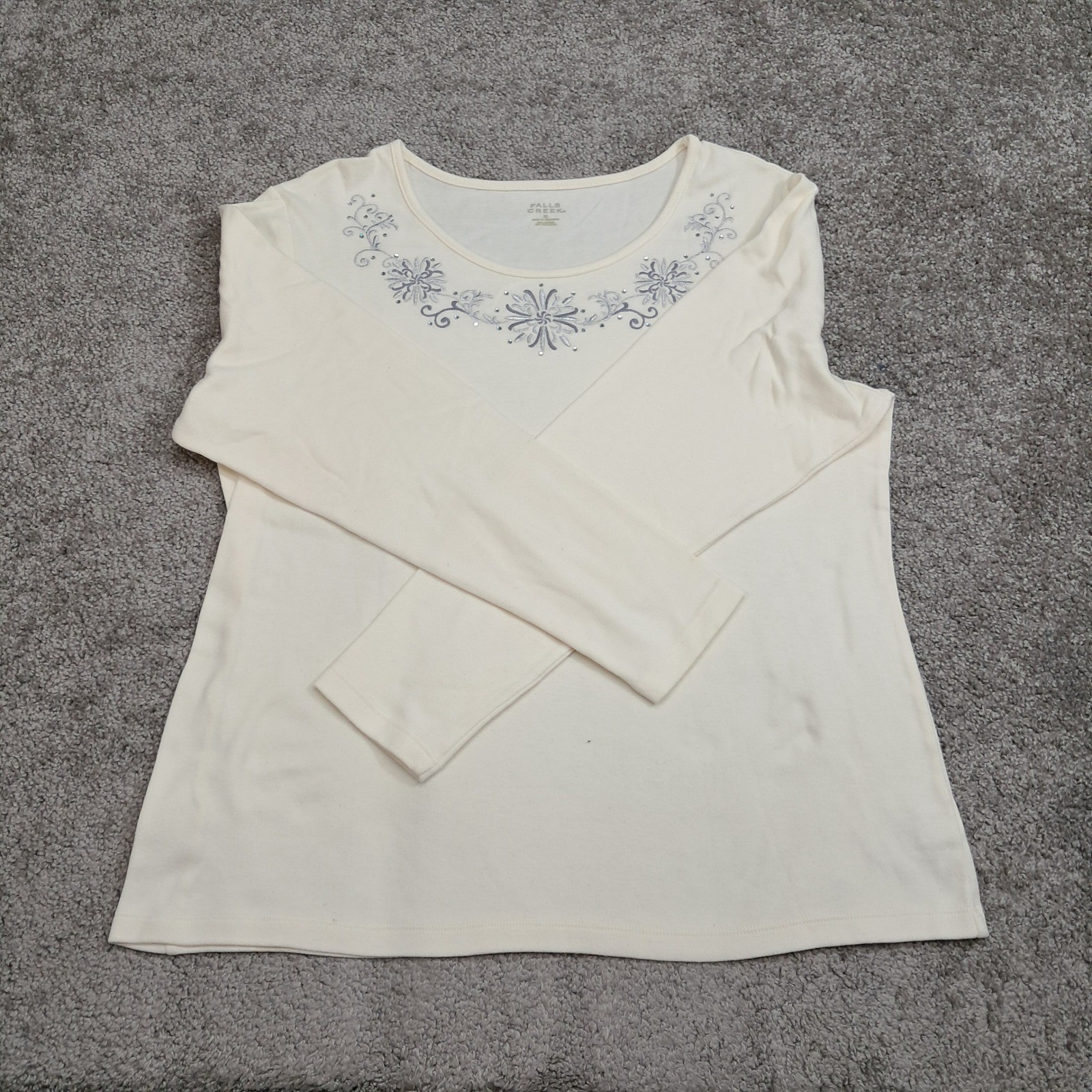 Falls Creek Womens XL Cream Long Sleeve Embroidered Floral Rhinestone Top Shirt