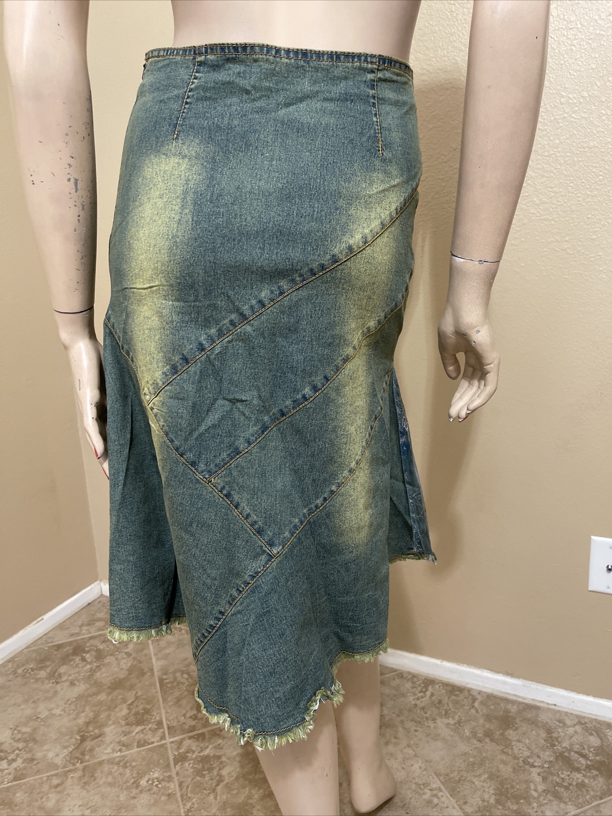 Women’s Aquamarine Denim Cotton Boho Beads Lace Stretch Size L(8-10) Skirt 3256