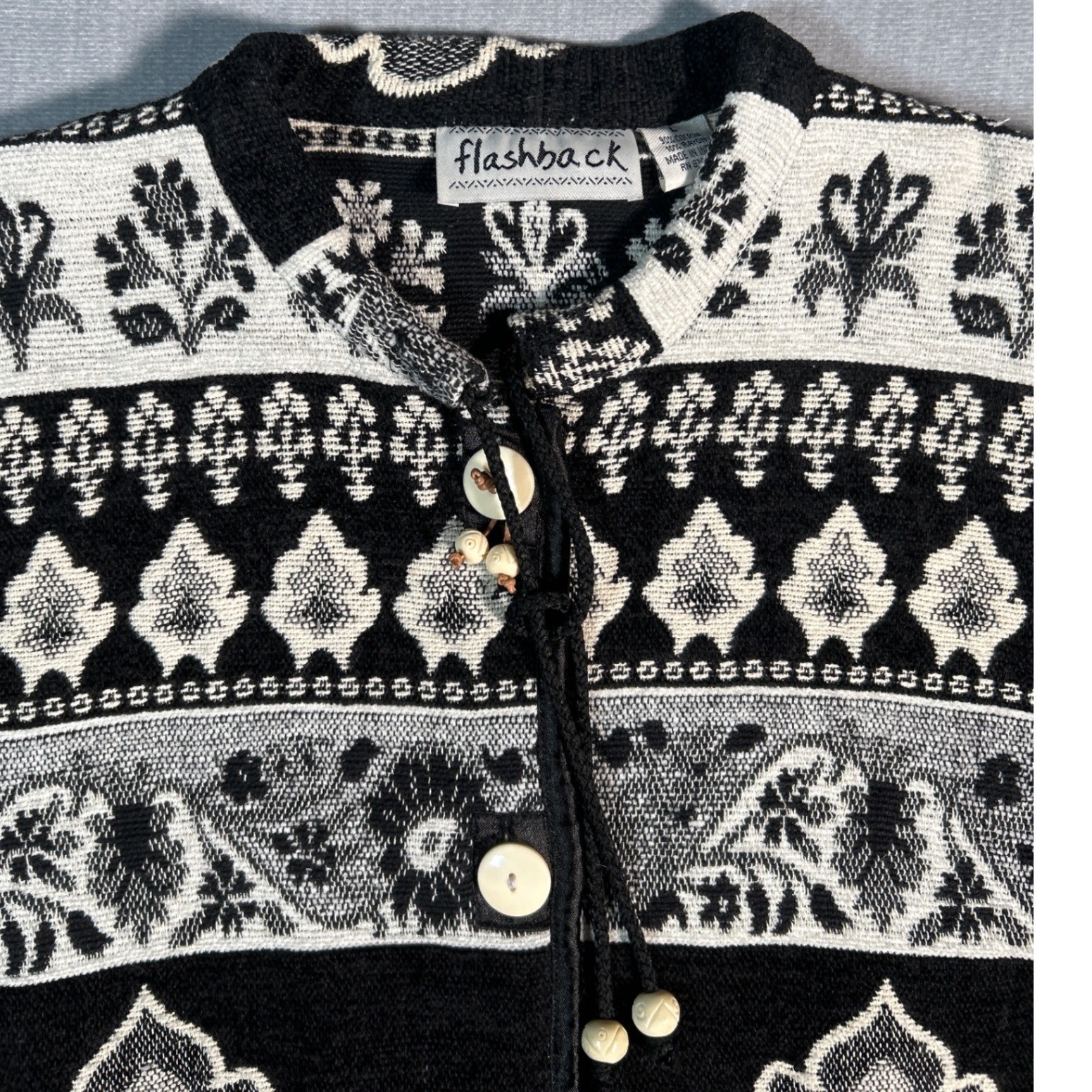 Flashback Cardigan Black White Tapestry Floral Jacket VTG Boho Chic Festival Y2K
