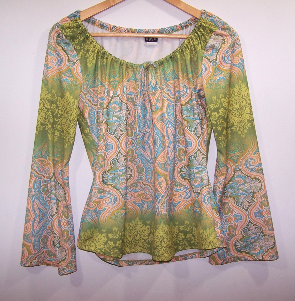 Vtg IRE U.S.A. Long Sleeve Polyester Paisley Boho Top Drawstring Neckline Size L