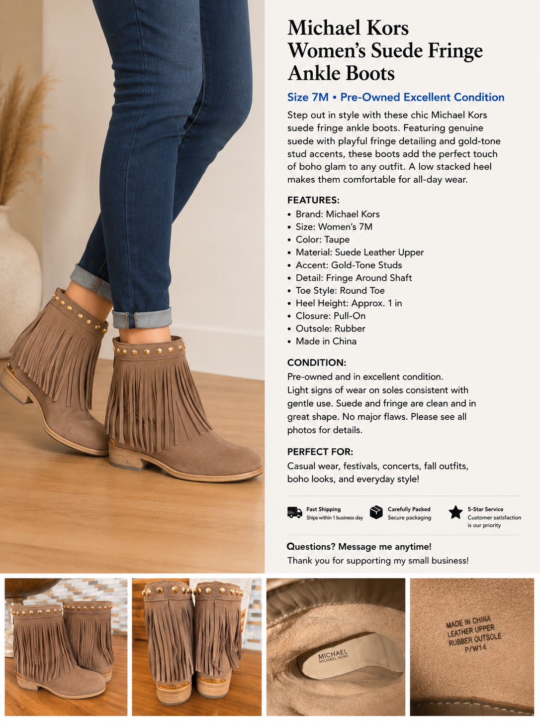 Michael Kors Women’s Suede Fringe Ankle Boots Taupe Studded Boho Western