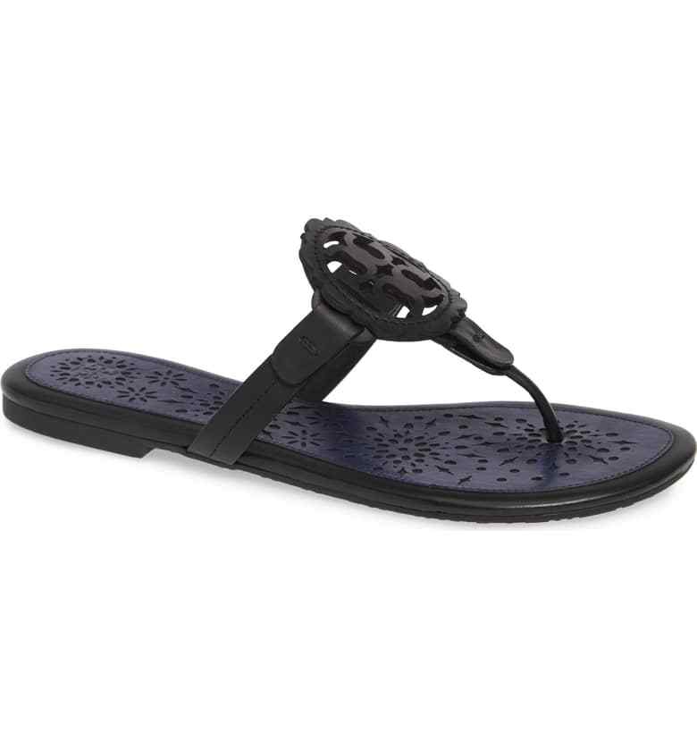 NIB Tory Burch Miller Leather Scallop Logo Flat Sandal Thong Black $228
