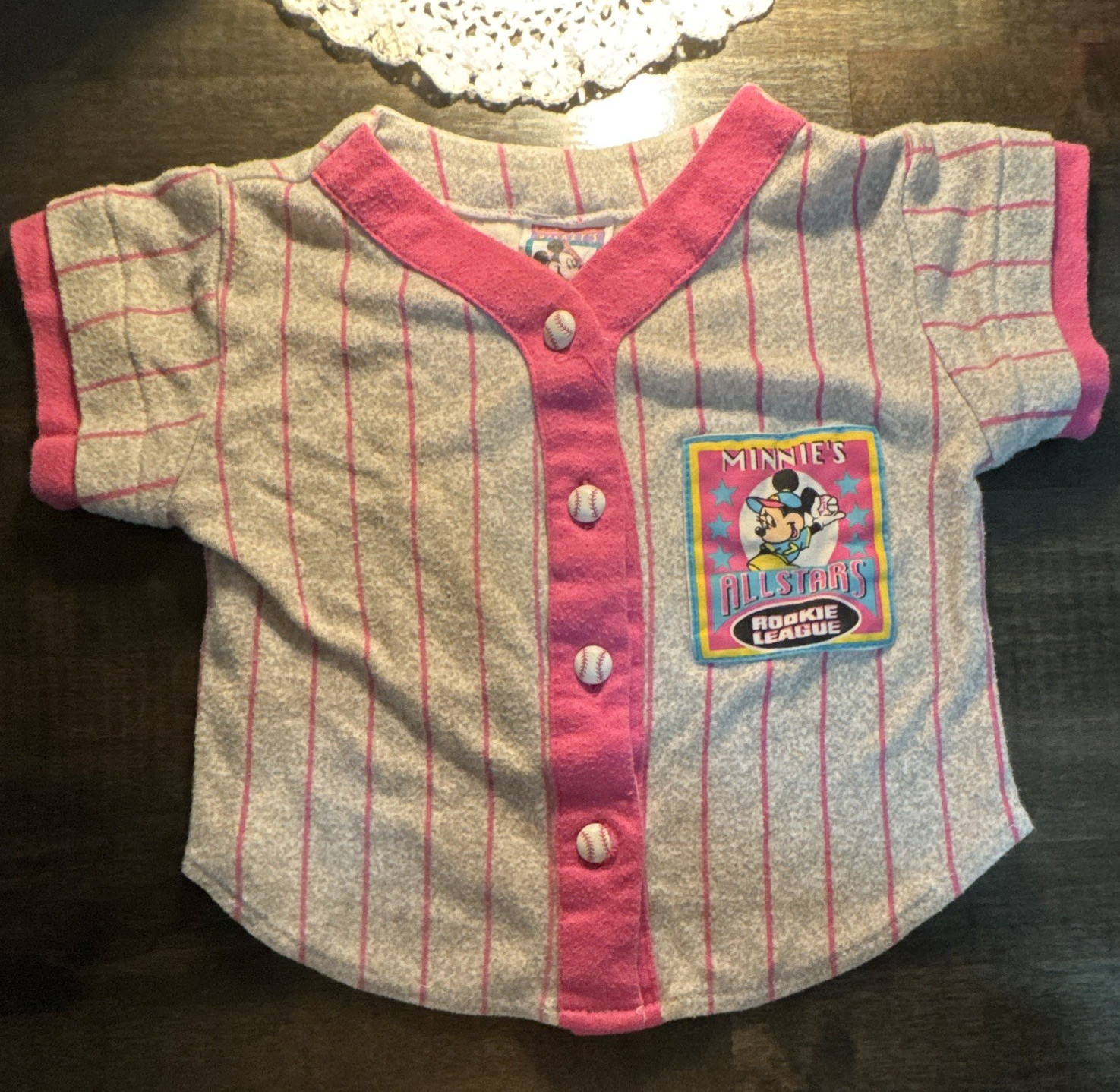 Disney Minnie Mouse Girls 4T Gray/Pink Striped Button-Up V-Neck Baseball Jersey