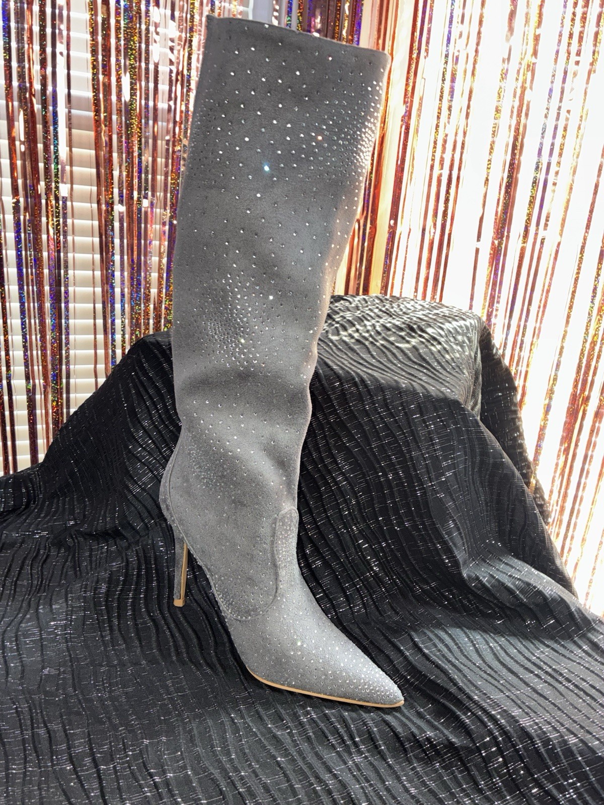 Stiletto Boots Blaze Rhinestone Grey Size 5.5 Fashion Nova Brand New With Box