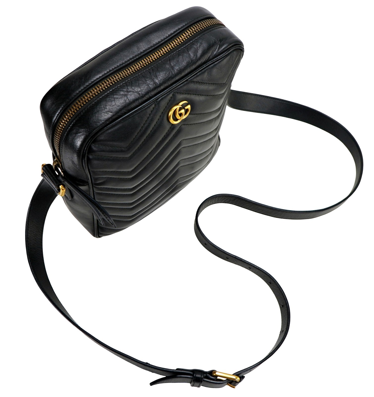 Authentic GUCCI Black Marmont Leather Crossbody Zip-Top Messenger Bag Italy