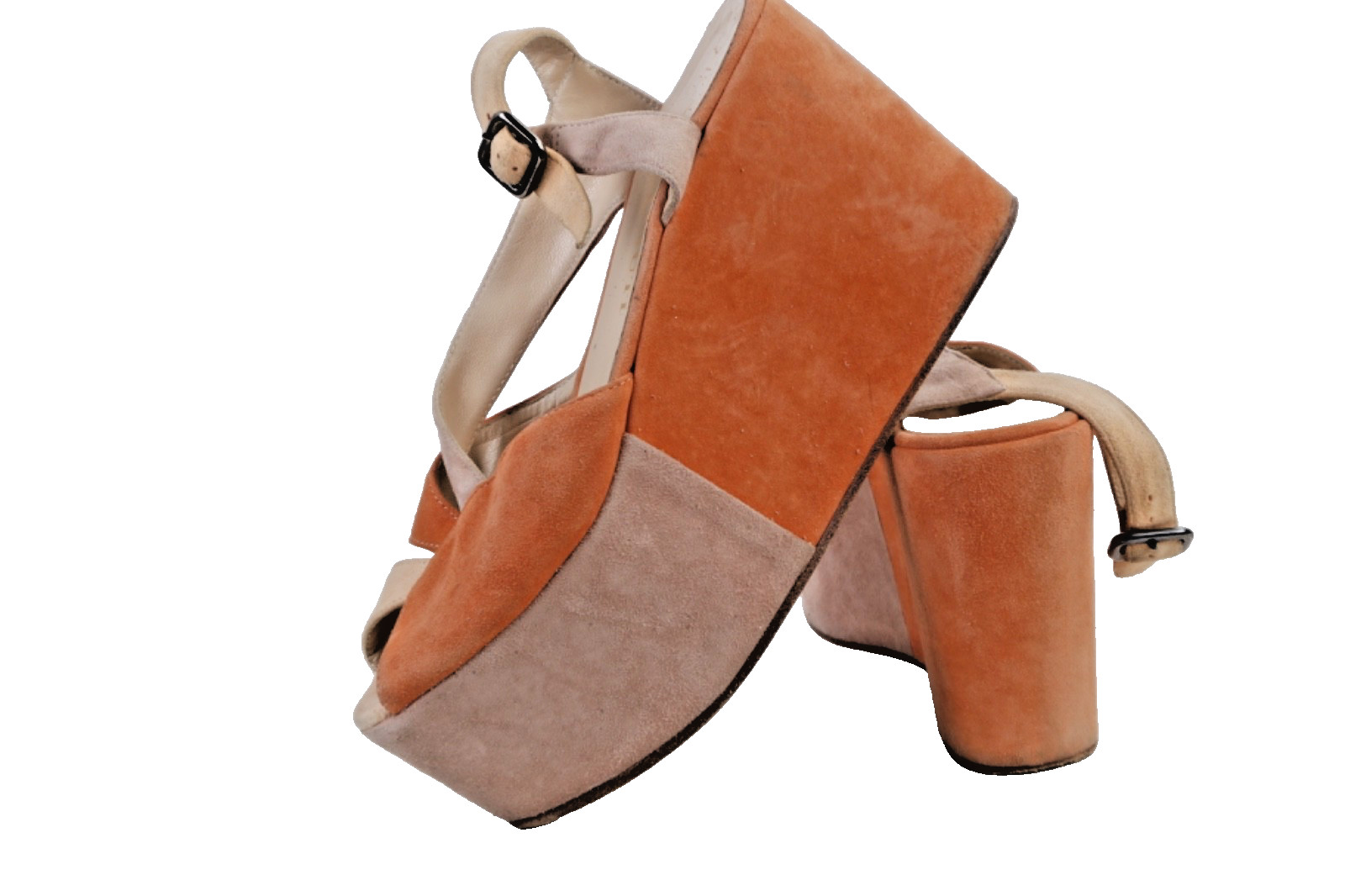 Claudia Ciuti Italian Suede Platform Wedge Sandals Tan Orange Colorblock Size 7M