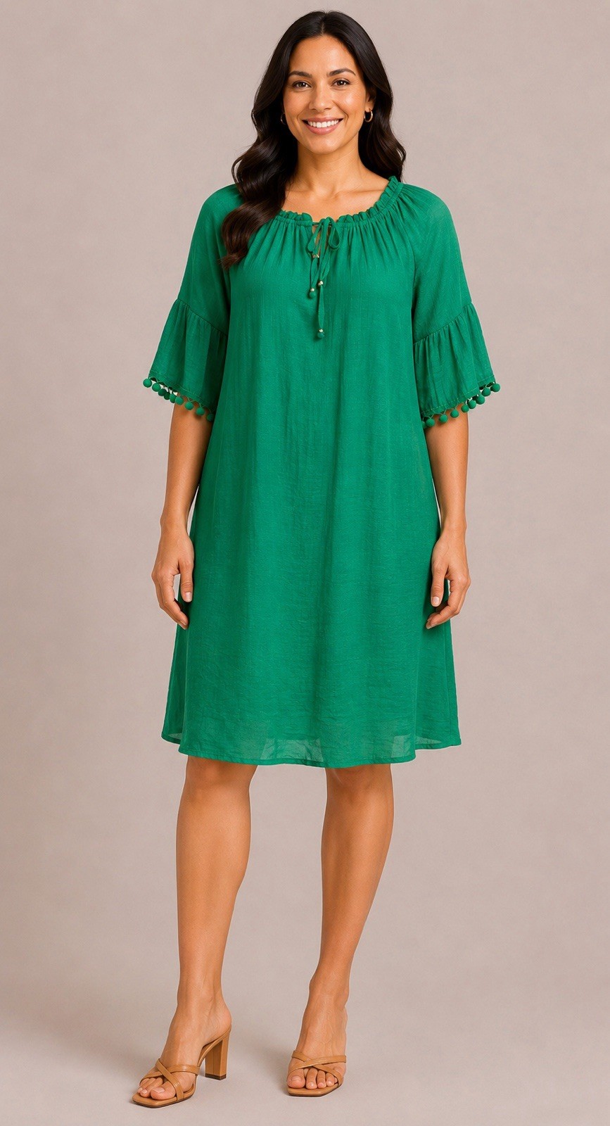 Mlle Gabrielle Womens solid short bell sleeve notch neck Dress with lining .