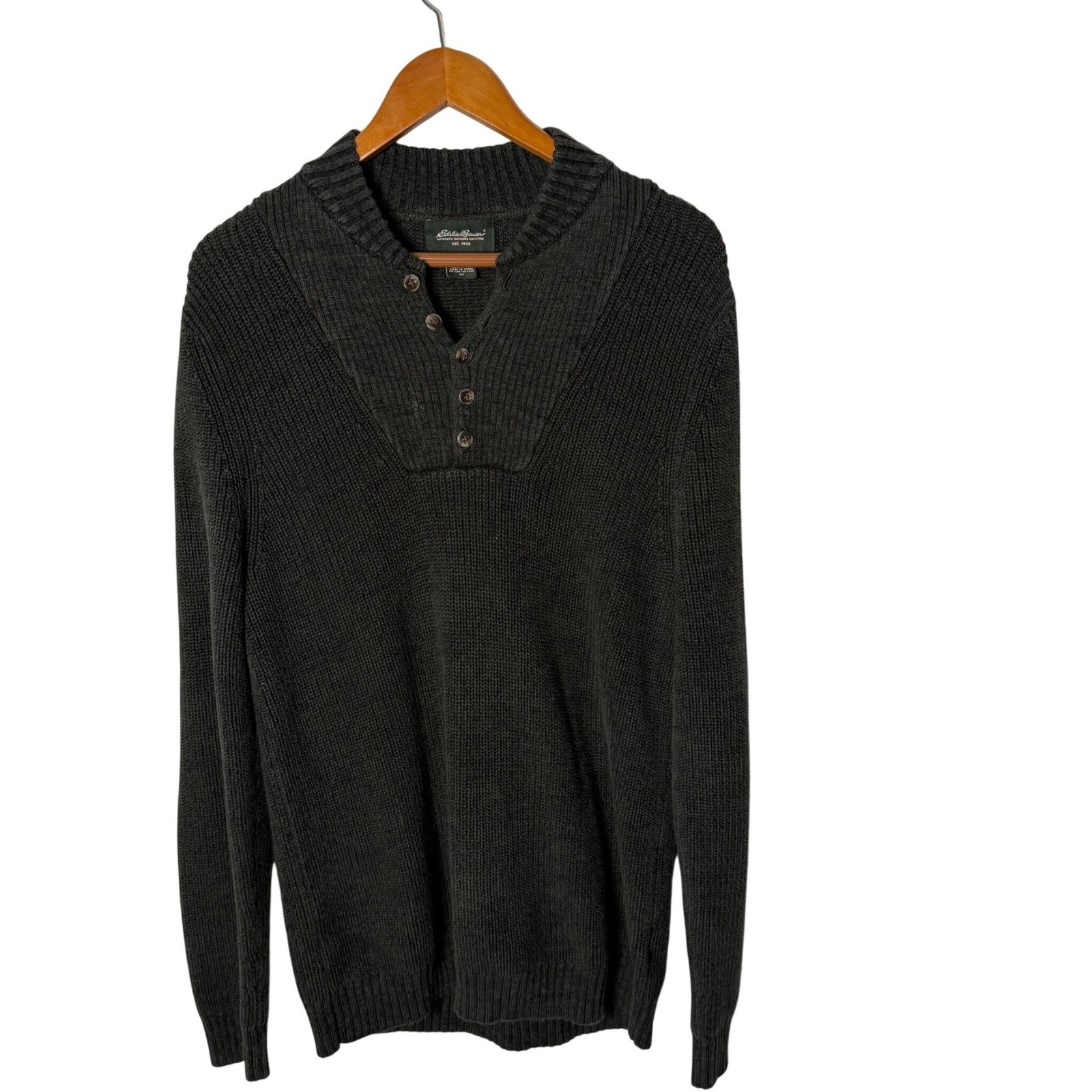 Vintage Eddie Bauer Men Henley Pullover Green Sweater Size M Distressed Chunky