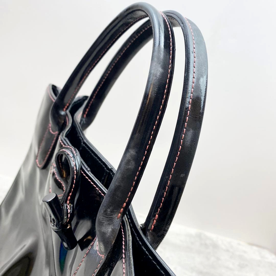 Longchamp Roseau Tote Bag Black Patent Leather A4 Documents Work 13.7in Auth