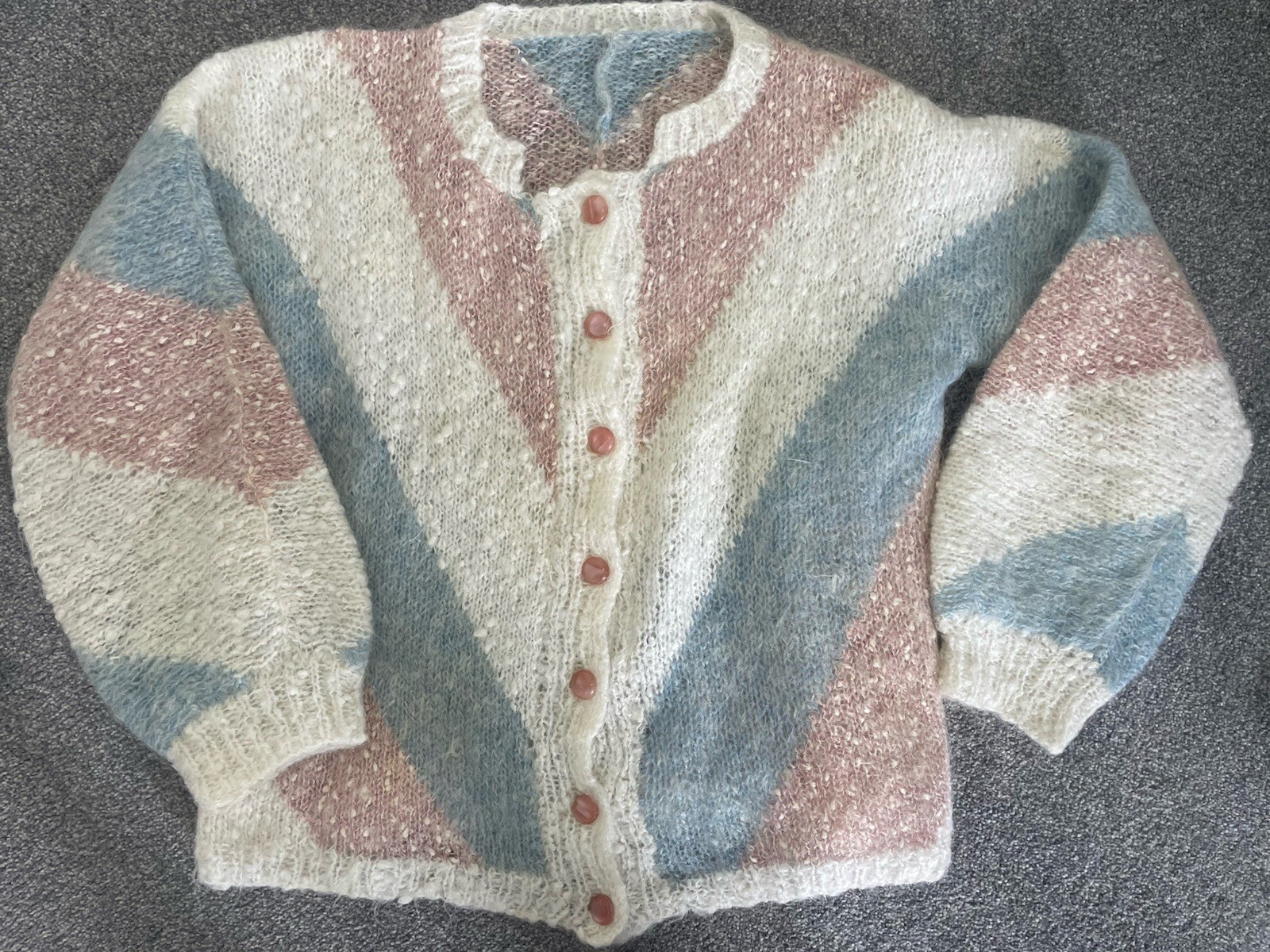 Hand Knitted Women’s Cardigan Size UK 12 Ivory Pink Blue Cottagecore Knit