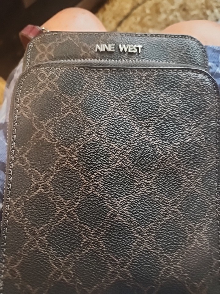 Nine West Lior Granite Crossbody Purse Double Zip Compartments Brown Monogram