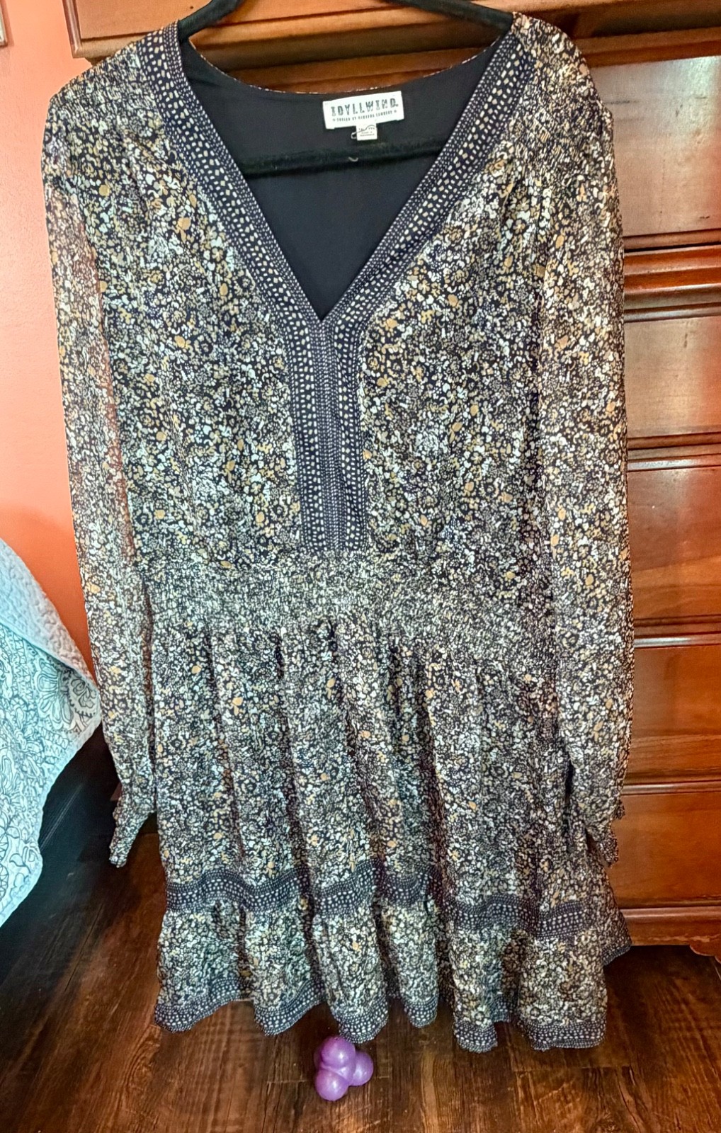 Iddylwind+Dress+Sz+XXL+Mini+black+gold+floral+Tiered+Miranda+Lambert+Country+