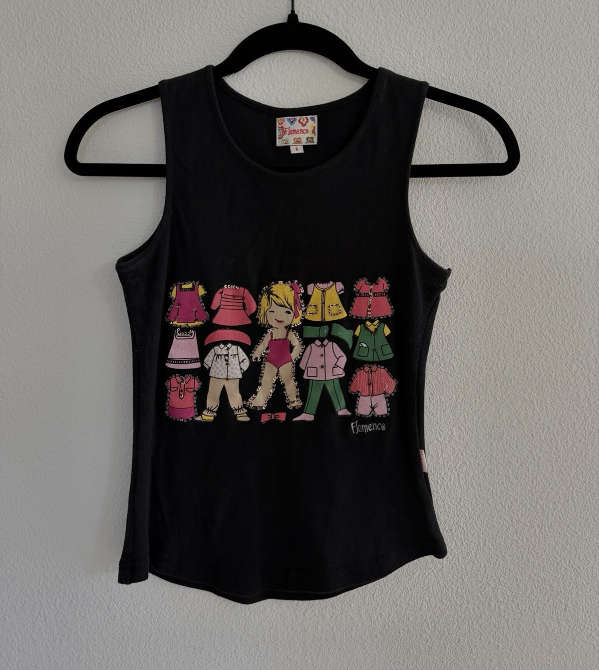 Fiorucci Flamenco Vintage Black Graphic Print Tank Rhinestone Accent Size S
