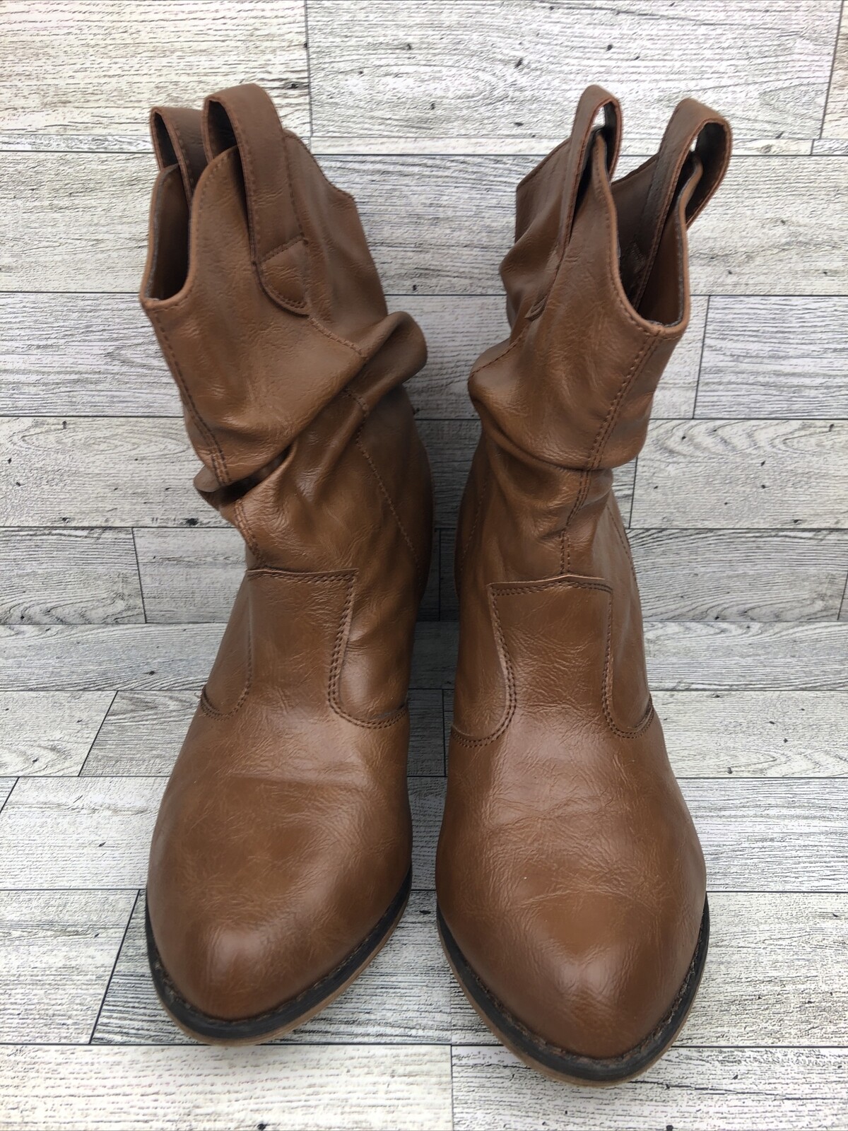 Charles Albert 100% vegan leather slouch calf brown heel cowboy boots 8 women