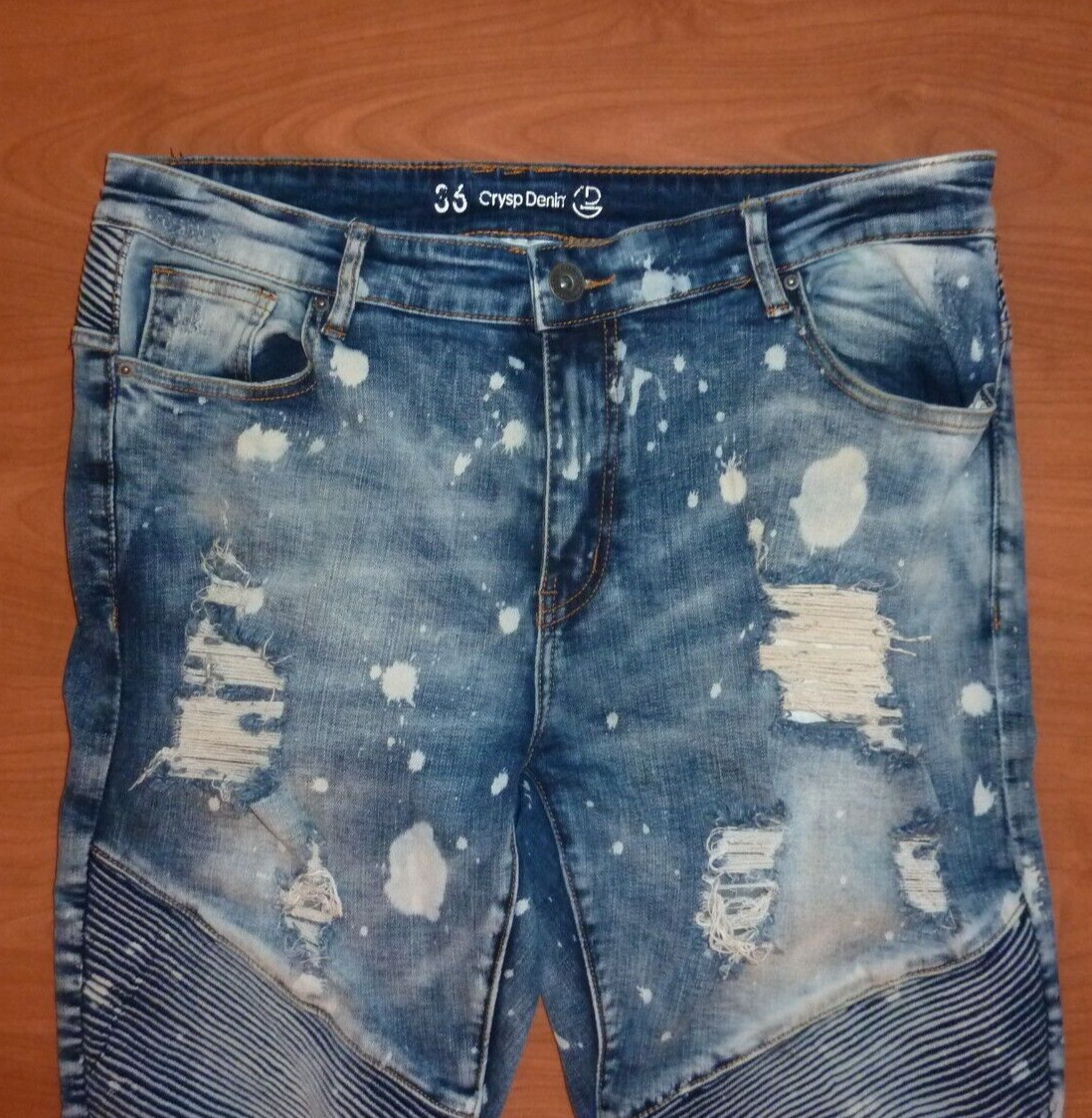 Crysp Denim Moto Biker Men’s Stretch Jeans Sz 36×33 Skinny Distressed Acid Wash