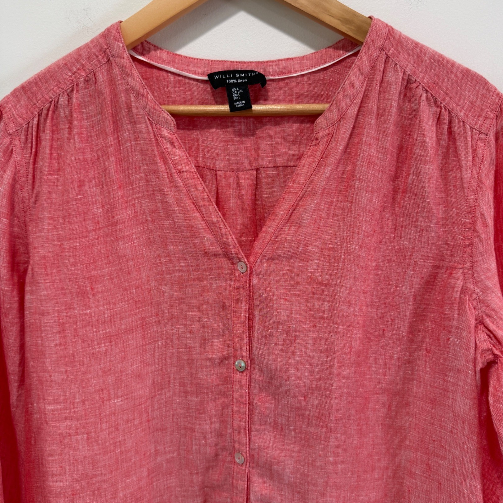 Willi Smith 100% Linen Button Up Tunic Top L Pockets Pink V-Neck Beachy Resort