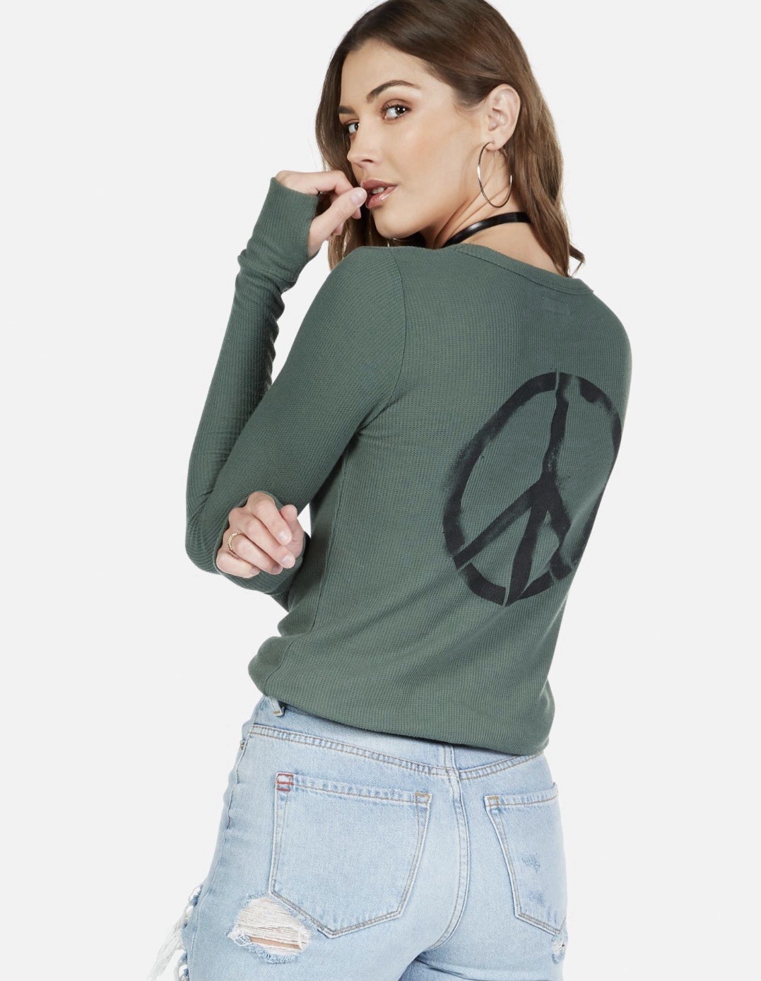 Lauren Moshi Olive Green MCKINLEY PEACE LOVE SPRAY Size L