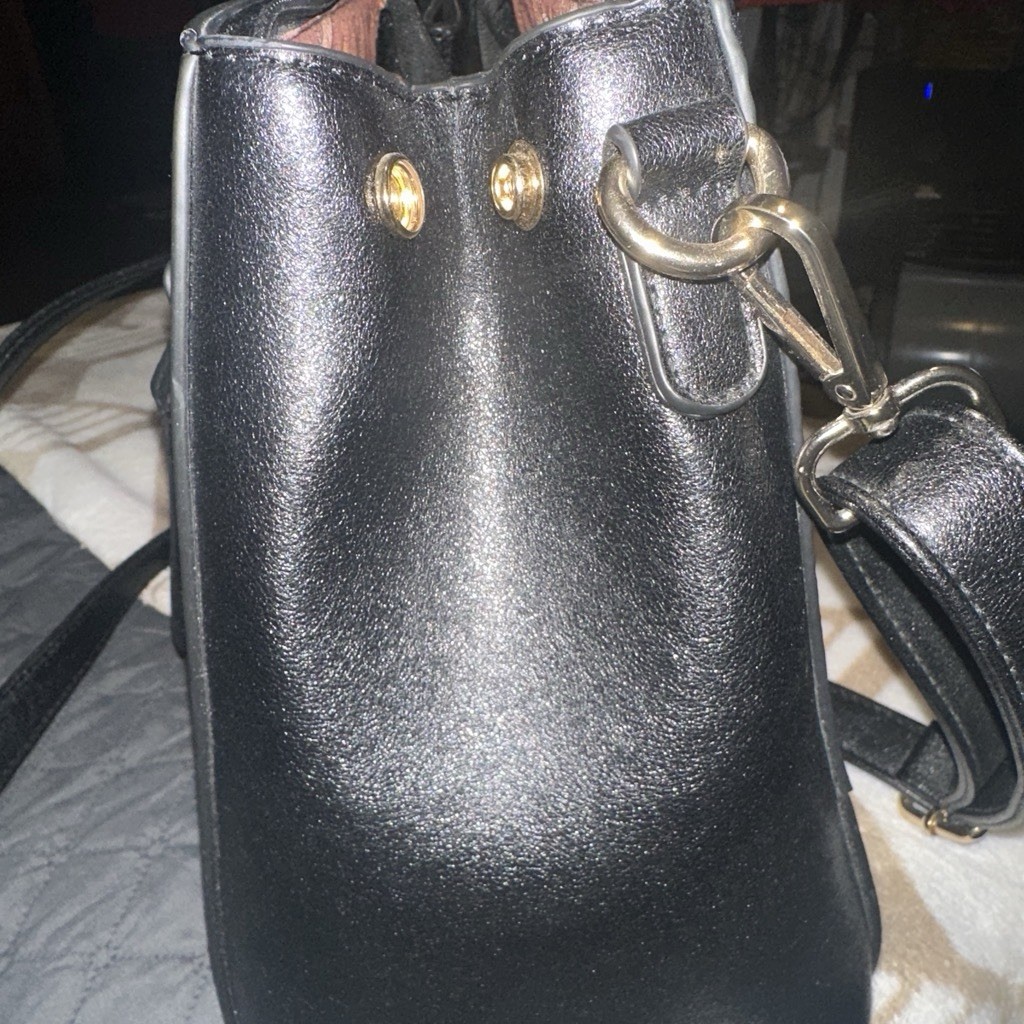 Women’s Black Embossed Satchel Crossbody Bag Gold Hardware Zip, Detachable Strap