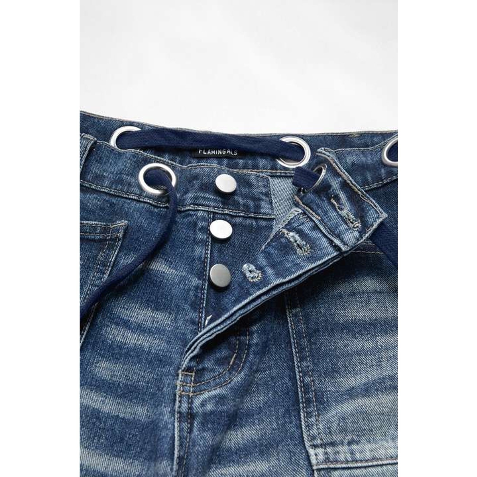 Flamingals Drawstring Grommet Eyelet Mid Waist Barrel Jeans