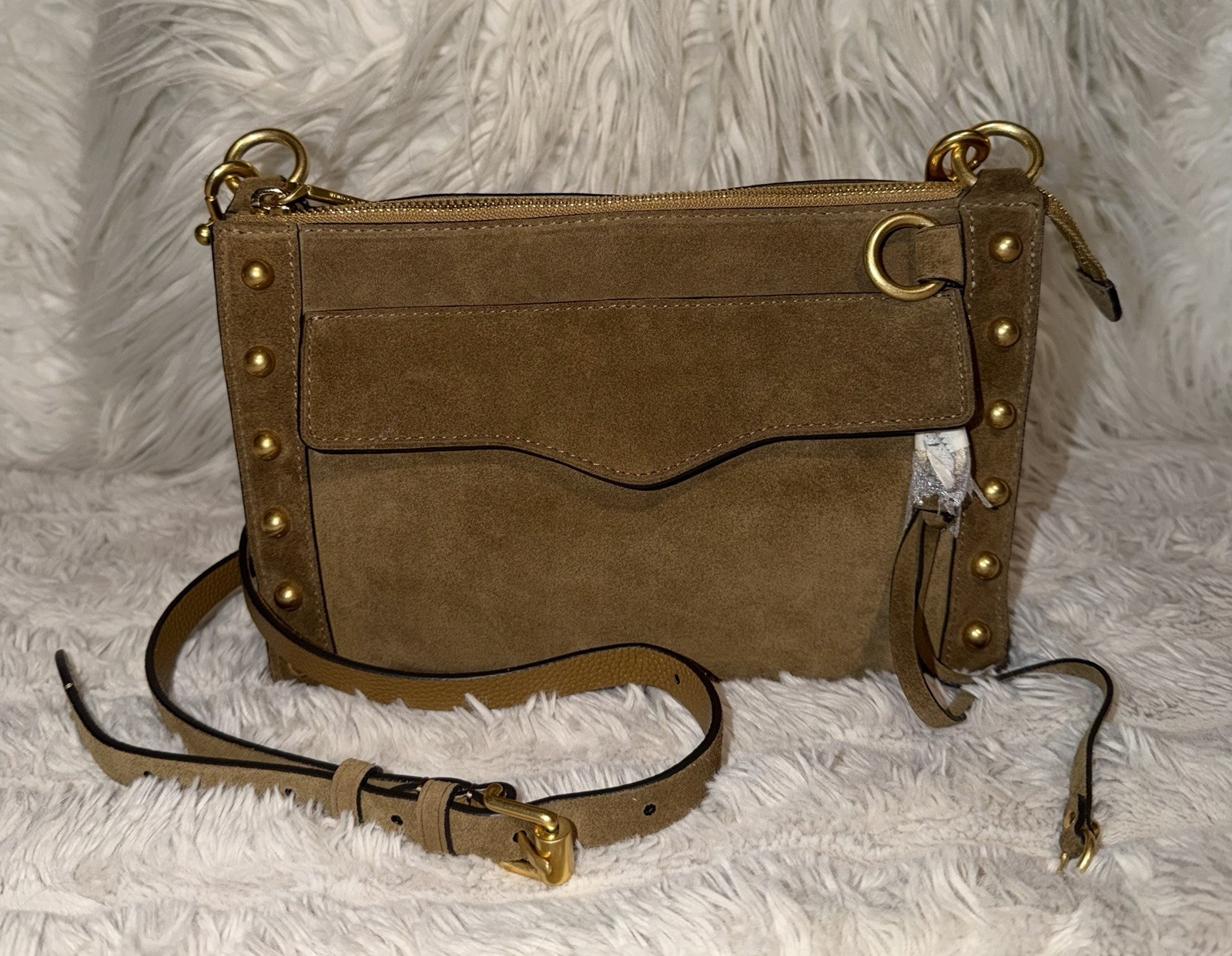 Rebecca Minkoff Women’s M.A.B. Studded Suede Brown Crossbody Bag Gold Tone