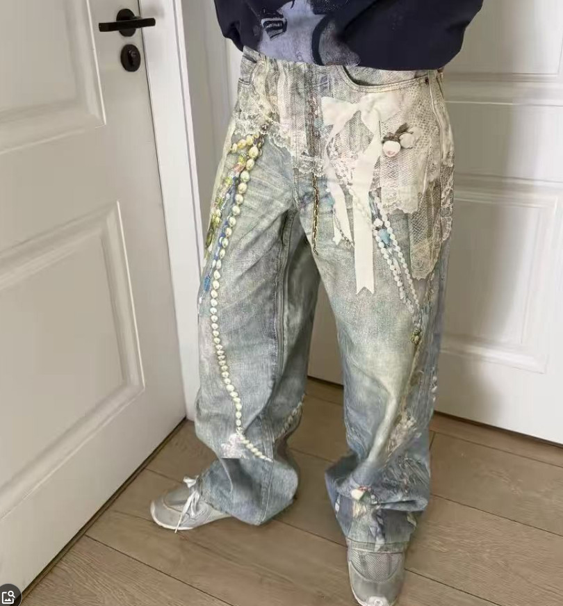 Acne Studios Pearl Lace Chain Wide Leg Jeans Unisex