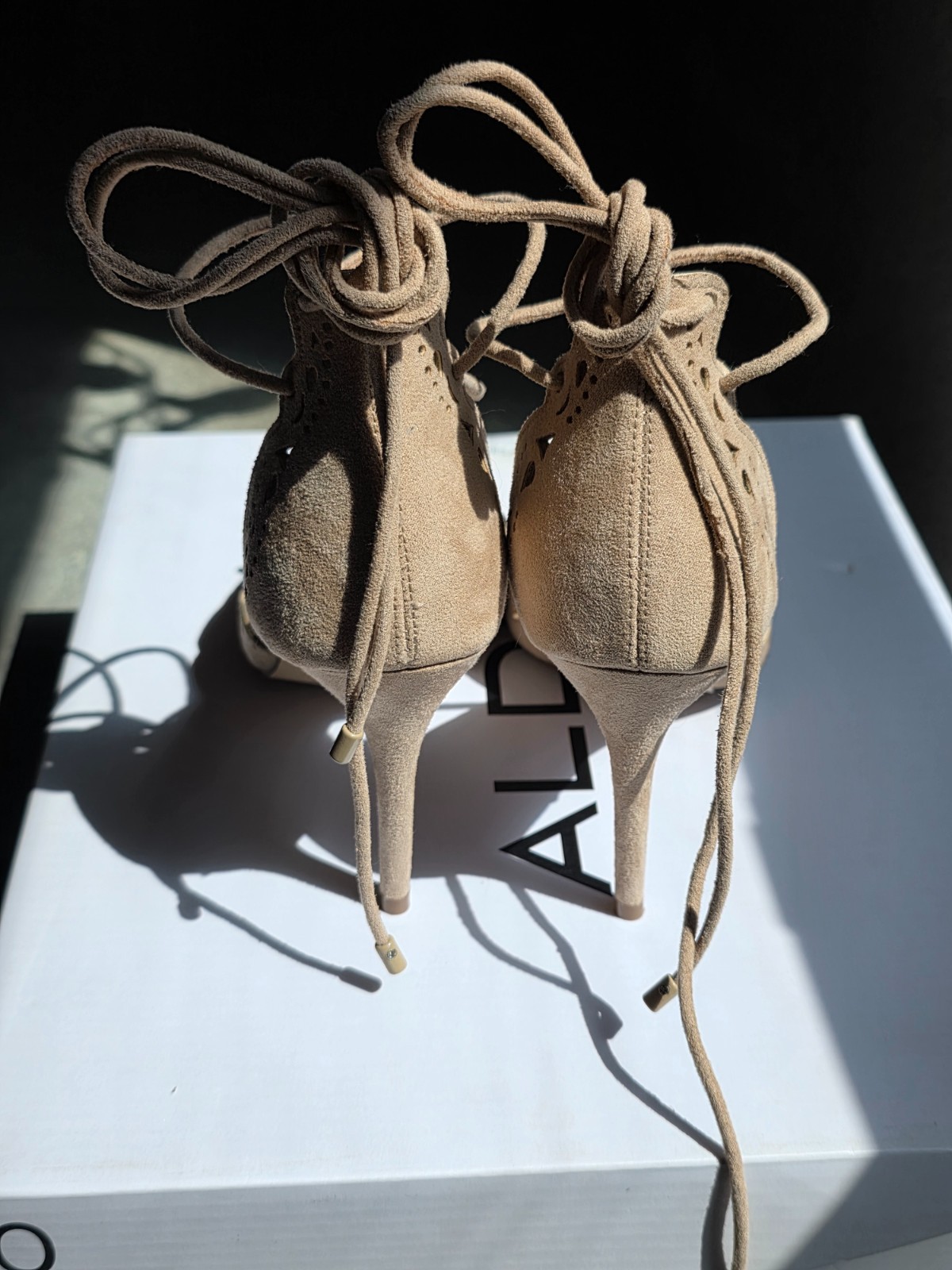 ALDO Antoinette Size 6 Nude Beige Suede Lace Up Stiletto Heels Pumps Never Worn
