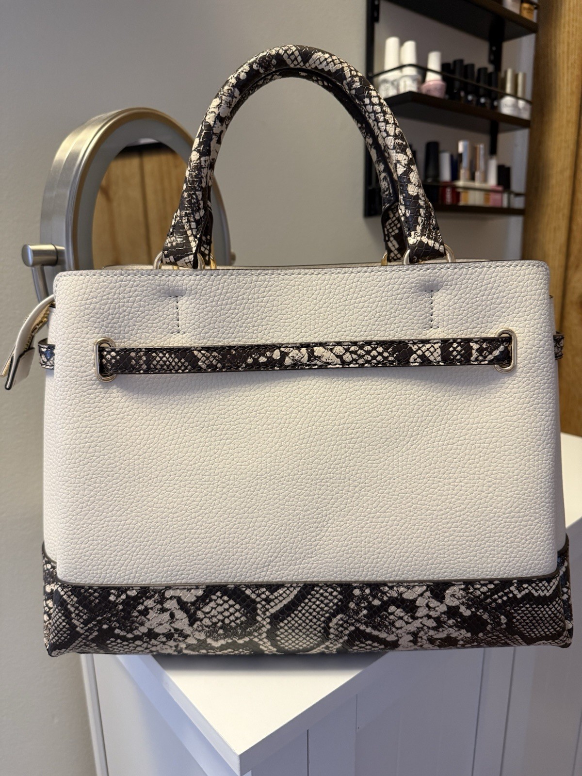 Michael Kors Cream Satchel Snake Print Trim Gold Hardware Zip Detachable Strap
