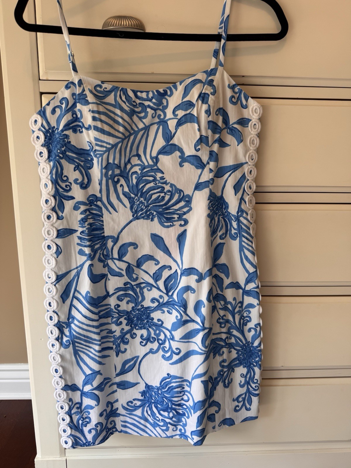 Lilly Pulitzer Shelli Stretch Sheath Dress 6 Blue/White Floral Bow Lace Zip