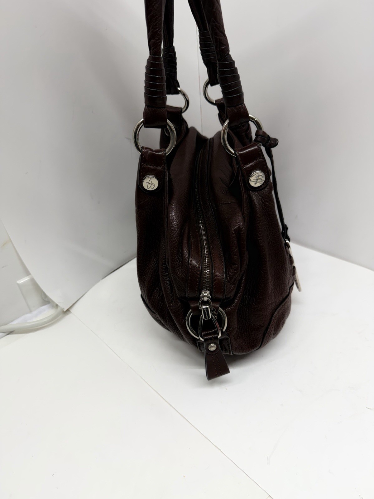 B. Makowsky Brown Pebbled Leather Shoulder Bag Satchel Purse Braided Handles
