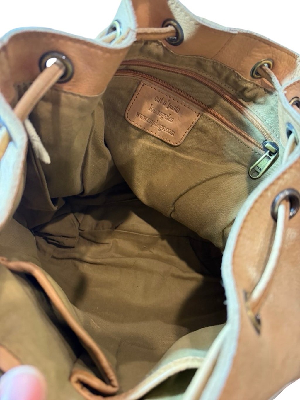 Cut N Paste Leather Backpack Tan Cargo Pocket Slouchy Distressed Boho flaw