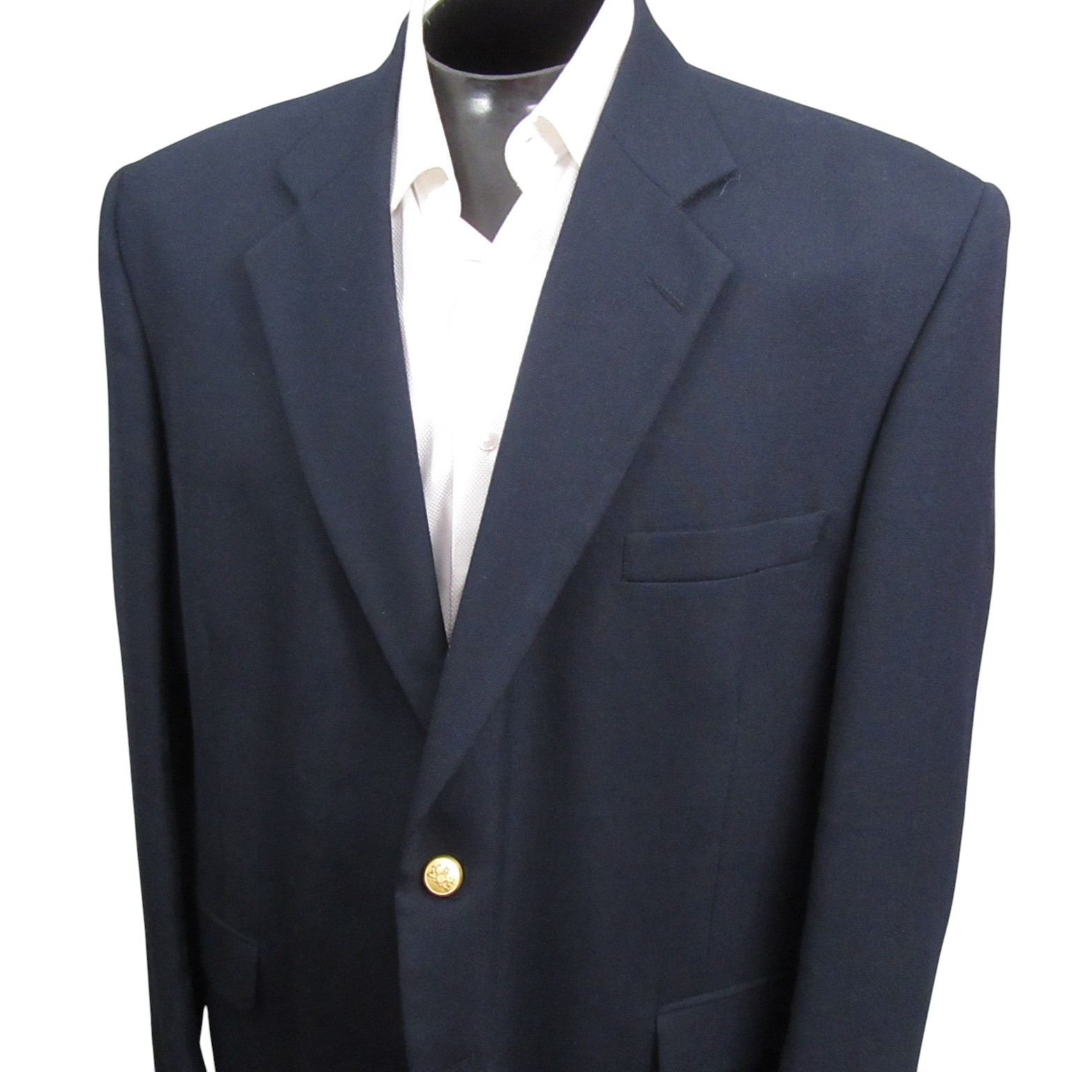 Vintage Stafford Classic Blue Blazer 46R Navy Gold Button Poly Wool Single Vent