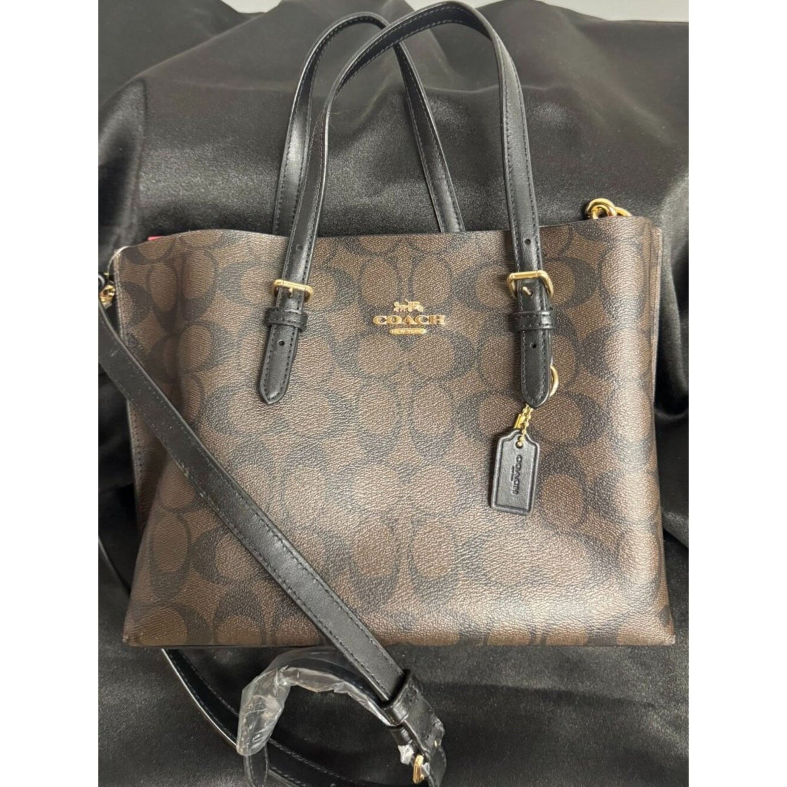 Coach Signature PVC Leather Zip Tote Crossbody Brown Black Gold EUC