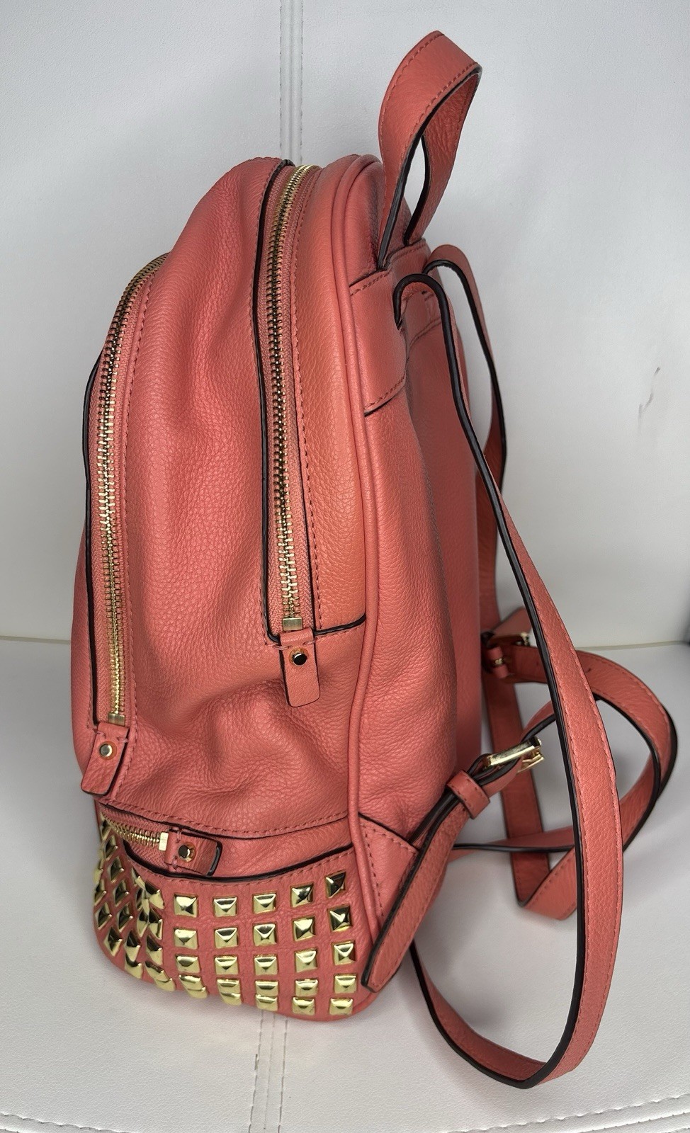 Michael Kors Women’s Medium Backpack Purse In Peach Soft Leather With Gold Studs
