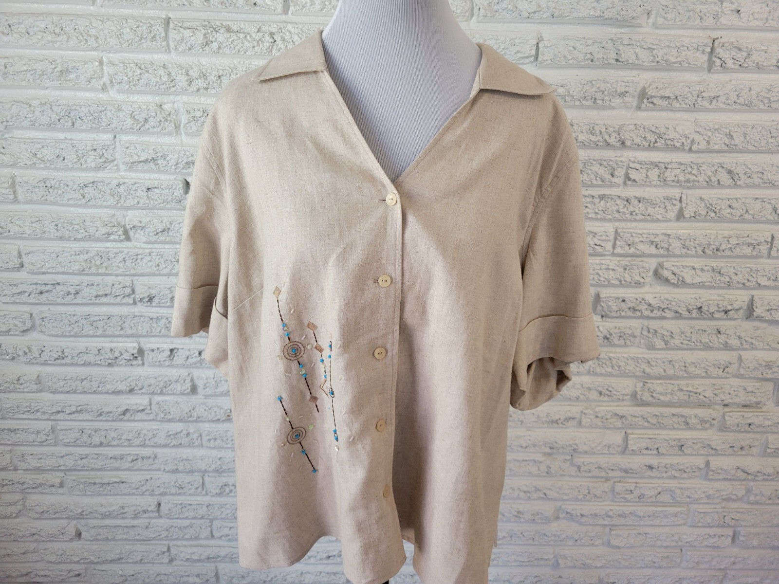 Requirements Petite 2XWP Shirt Blouse Beaded Embroidered Linen Rayon Roll Tab