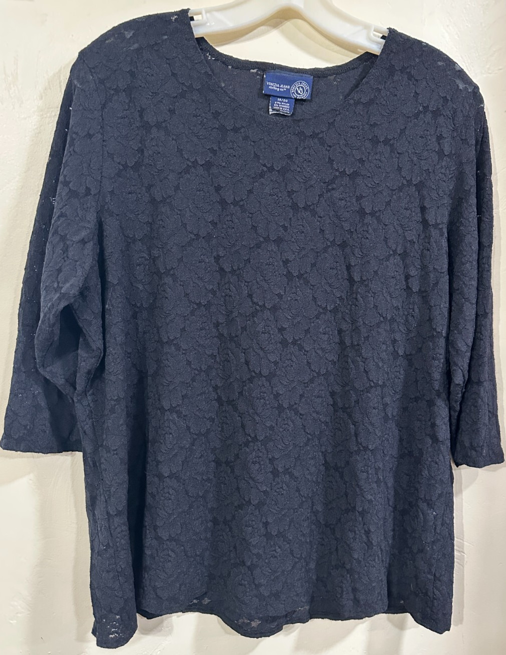 Venezia Pullover 3/4-Slv 18/20 Sheer Black Lace Roses STRETCH EUC Nylon/Span