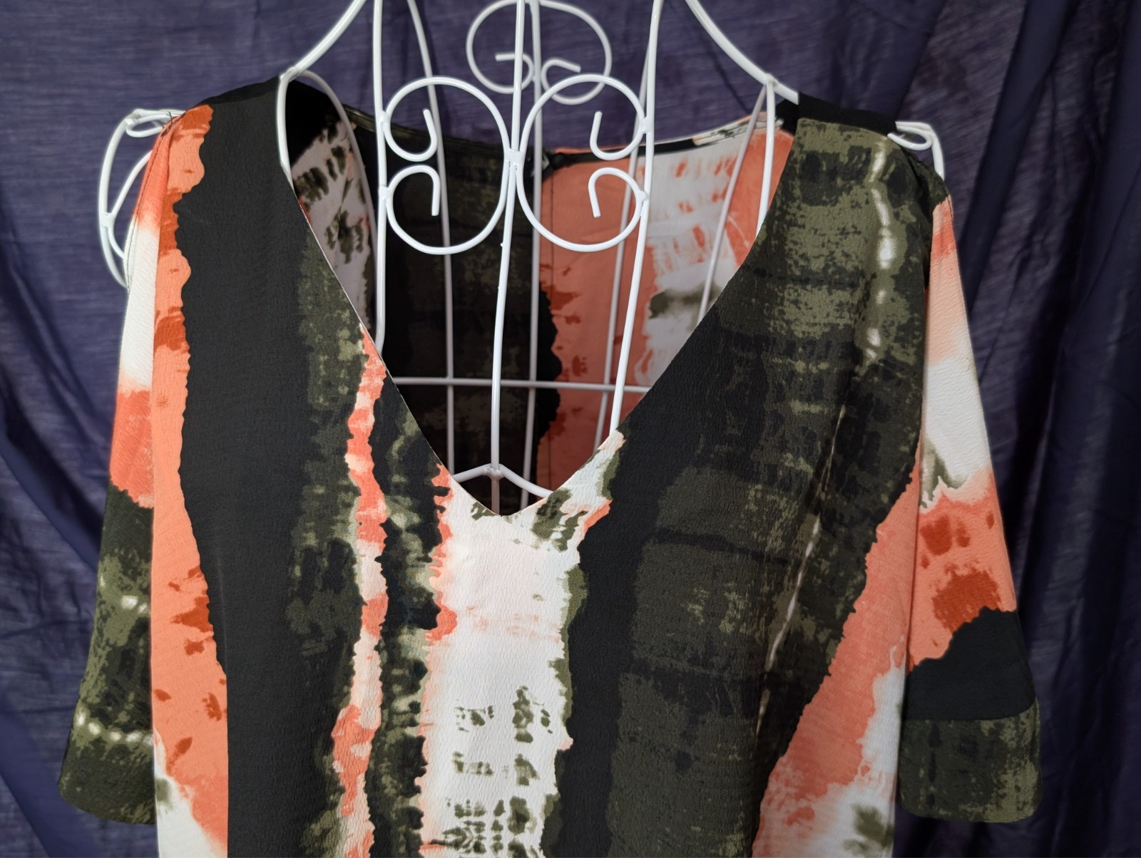 River Island Tie Dye Cold Shoulder Top | Coral Olive Khaki Black | Size 14
