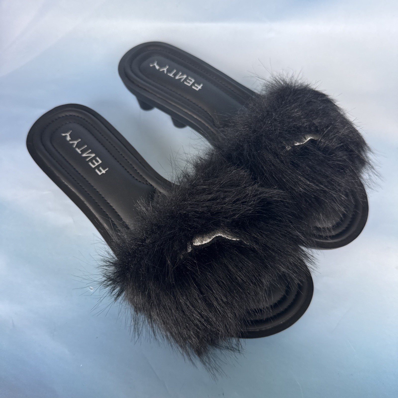 Puma x FENTY Rihanna Slide Chic Fur Black Silver Sandals Womens 10