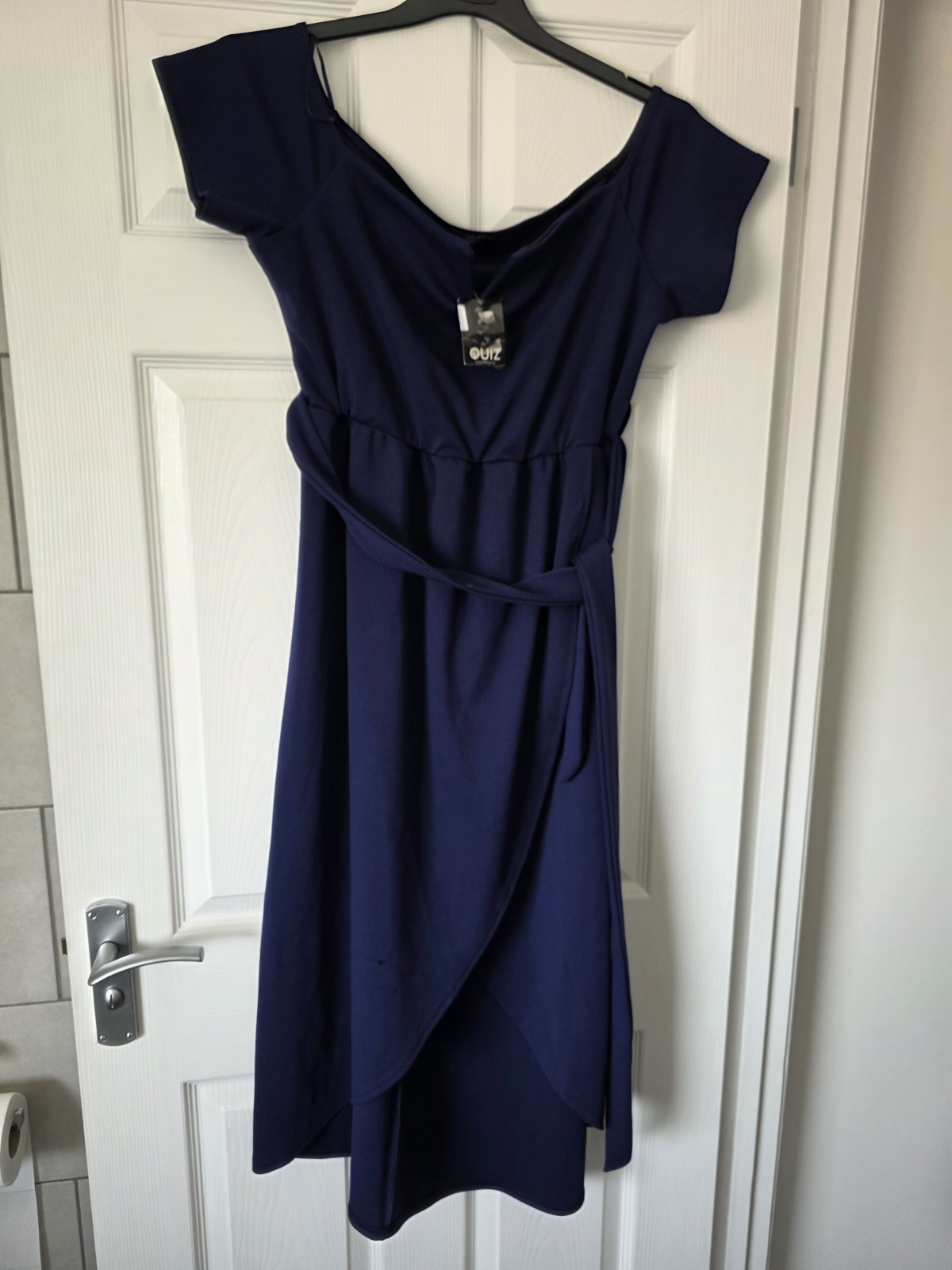 BNWT Quiz Size 22 Navy Blue Dress Tulip Faux Wrap Bardot Neckline Wedding Party