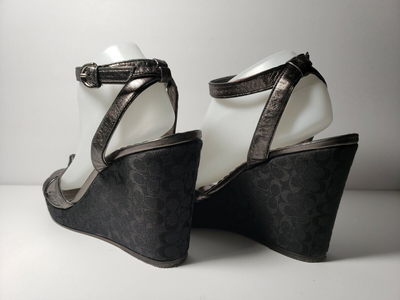 Coach Women’s Pewter/Black CC Monogram Ankle Strap Platform Wedge – Size 10B