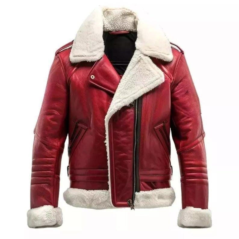 Handmade New Men’s Red Sheepskin Leather Shearling Jacket – Stylish Christmas