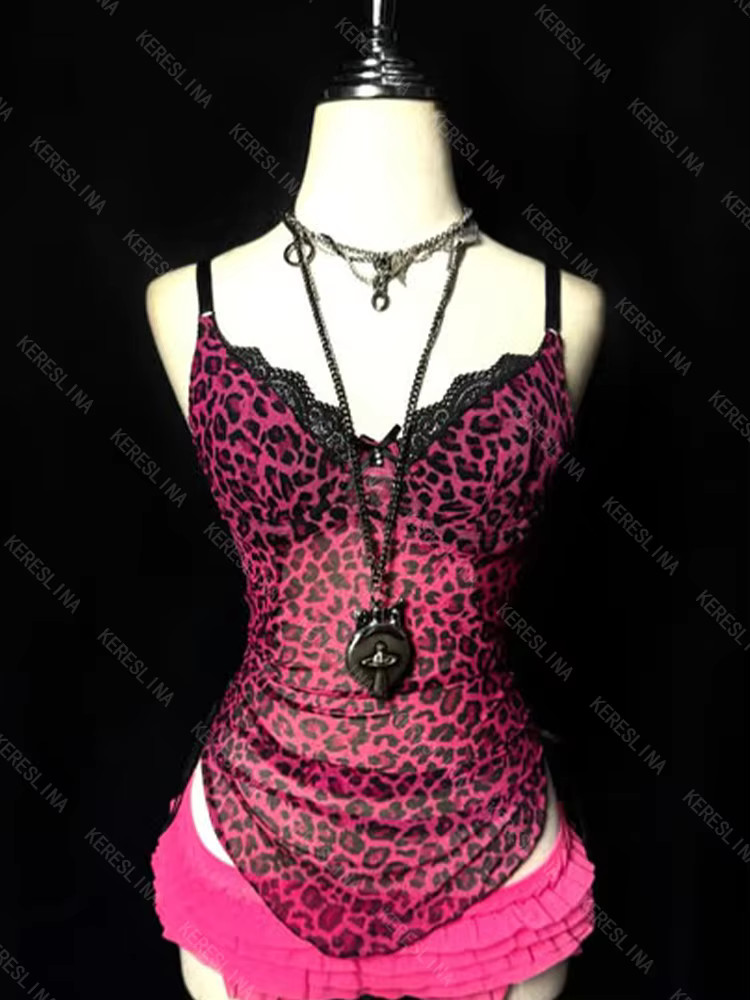 Womens Pink Leopard Print Tank Top Y2K Cami Ruffle Babydoll Lace Trim S-L