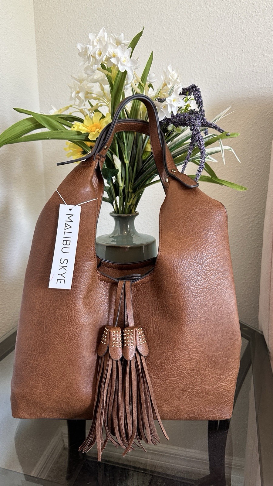 Malibu Skye Women’s Large Brown Hobo Bag Zip Studded Tassel Gold Hardware