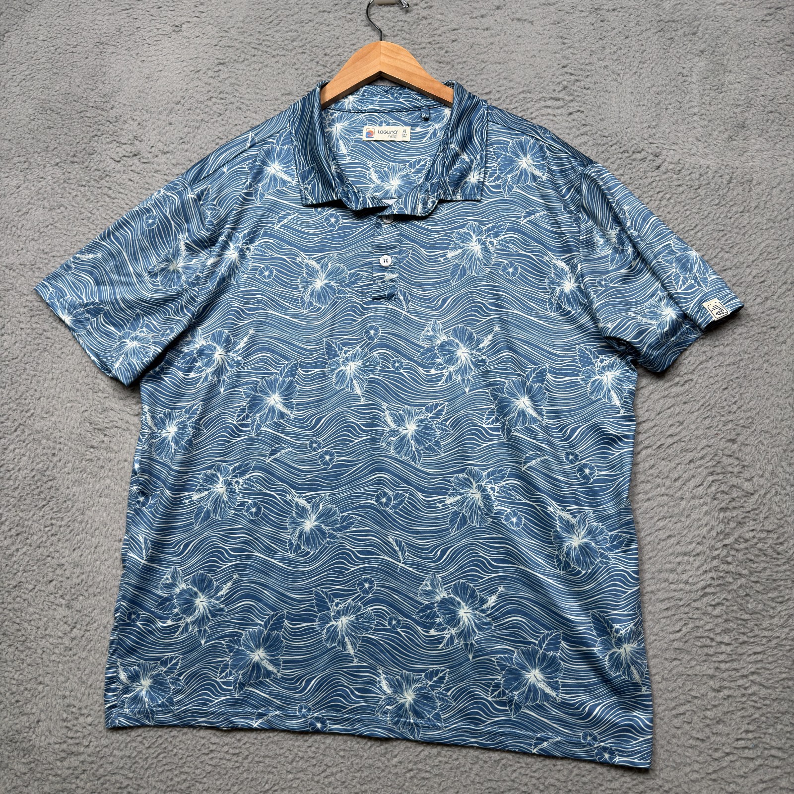 Laguna Swim Polo Shirt Men XL Blue Floral Tropical Hibiscus Stretch Short Sleeve